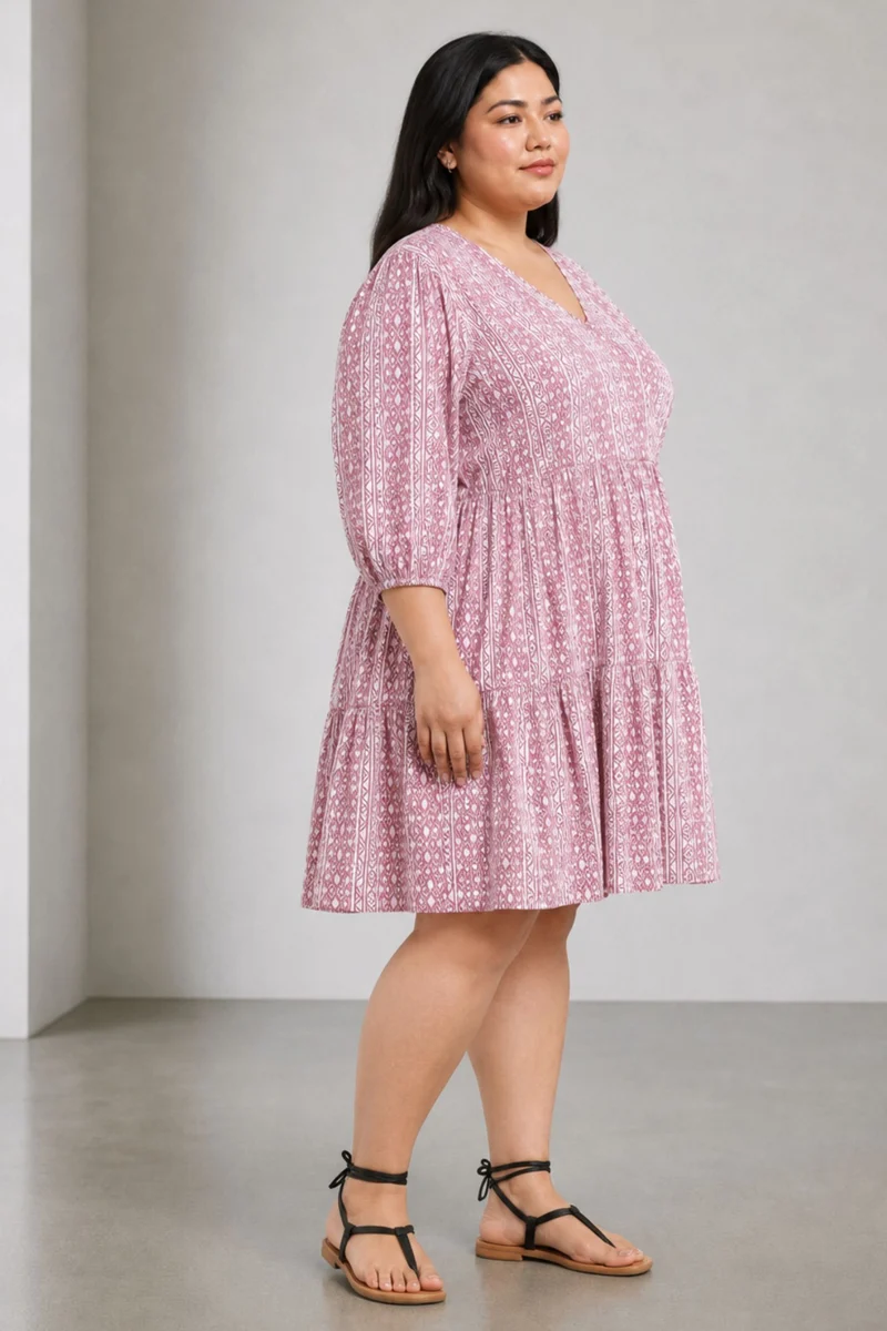 Caly|100% Viscose Printed V-Neck Midi Dress