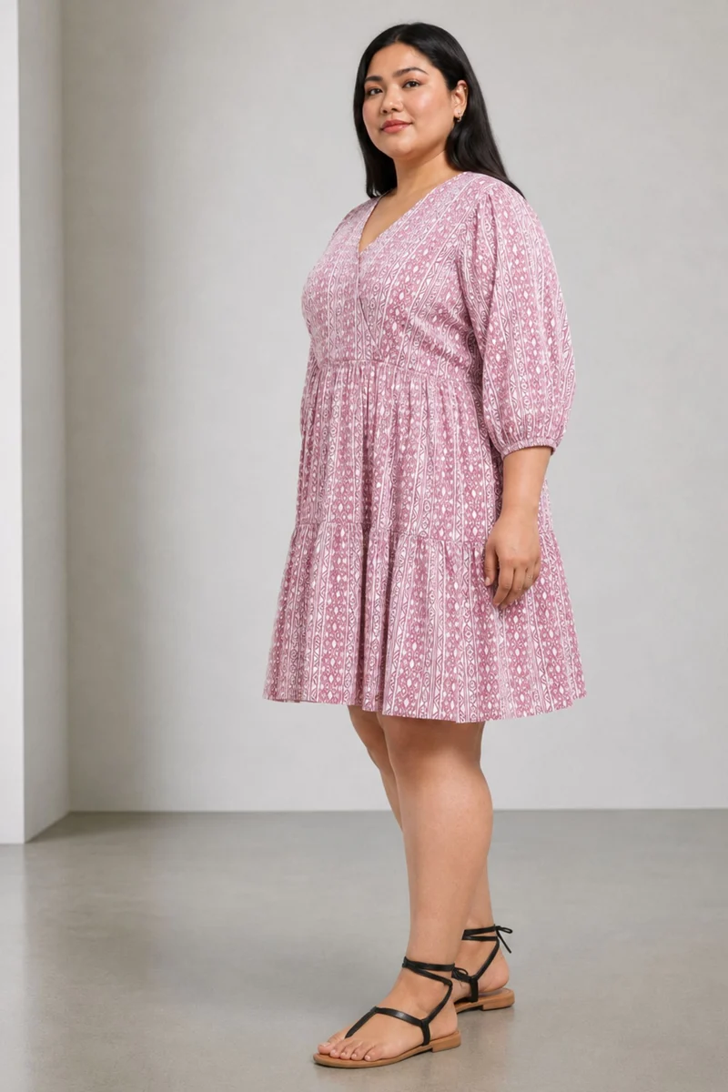 Caly|100% Viscose Printed V-Neck Midi Dress