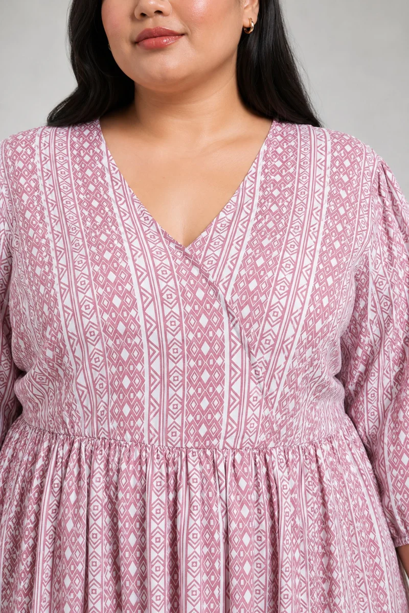 Caly|100% Viscose Printed V-Neck Midi Dress