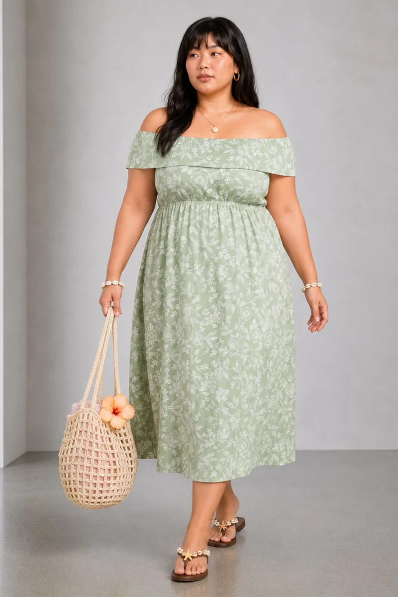 Betis|100% Viscose Printed Off-Shoulder Maxi Dress