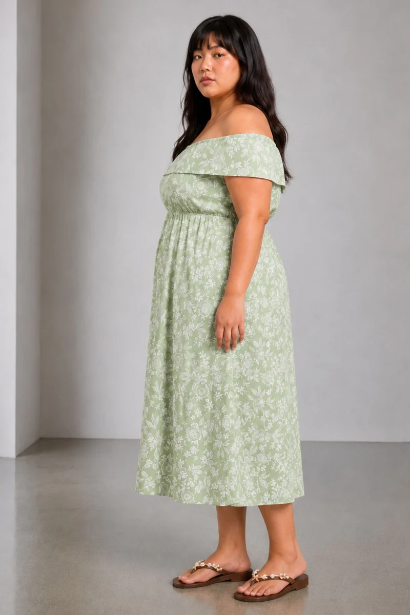 Betis|100% Viscose Printed Off-Shoulder Maxi Dress