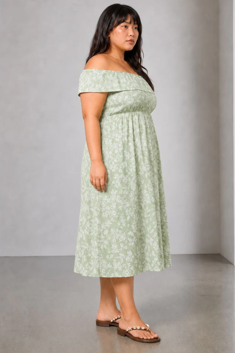 Betis|100% Viscose Printed Off-Shoulder Maxi Dress