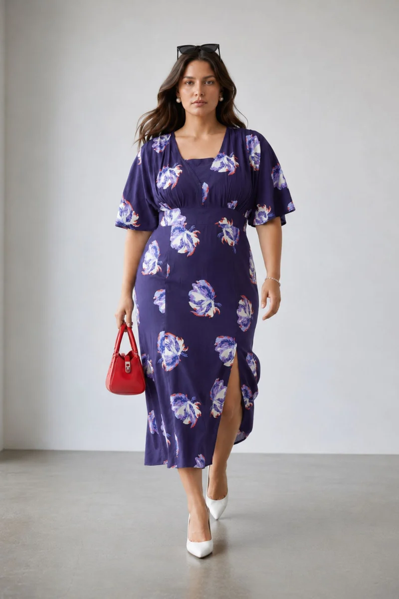 Besen|100% Viscose Printed Side Slit Midi Dress