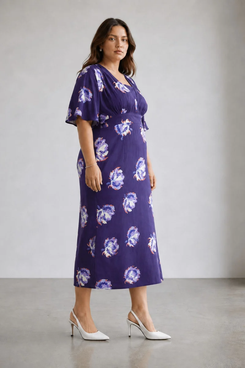 Besen|100% Viscose Printed Side Slit Midi Dress