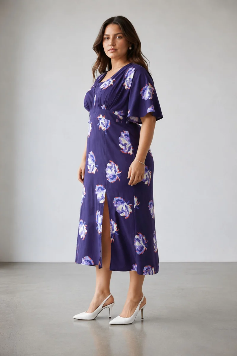 Besen|100% Viscose Printed Side Slit Midi Dress