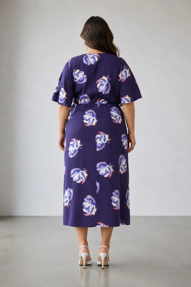 Besen|100% Viscose Printed Side Slit Midi Dress