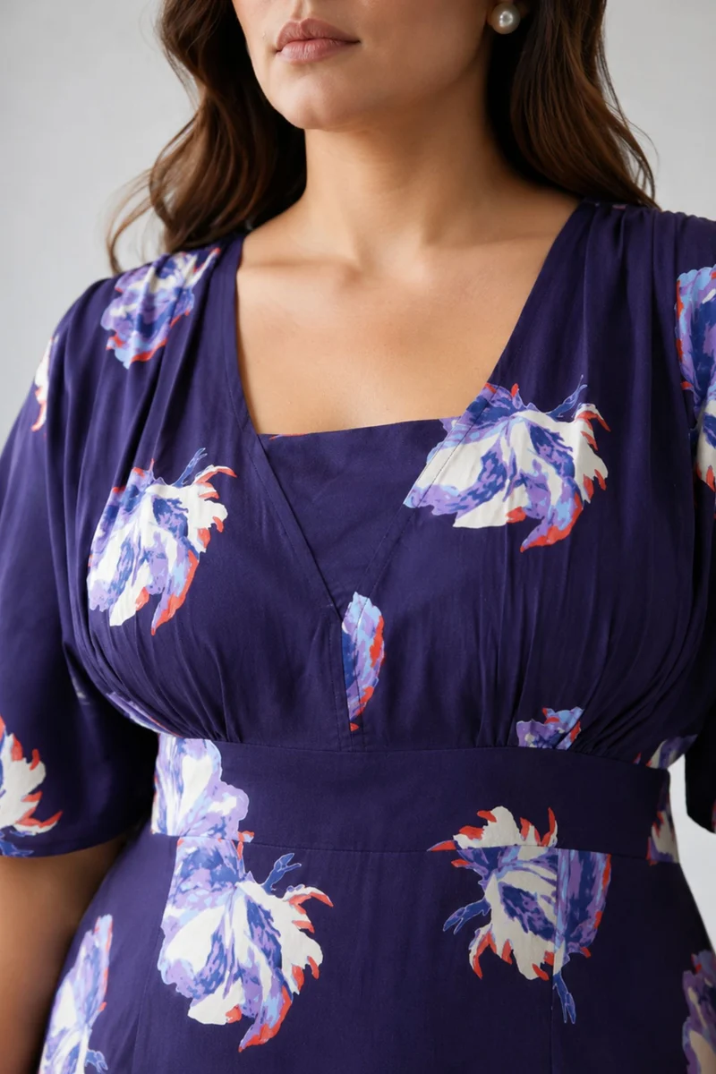 Besen|100% Viscose Printed Side Slit Midi Dress