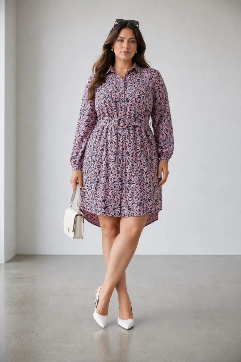Caiie|100% Viscose Printed Shirt Dress With Belt