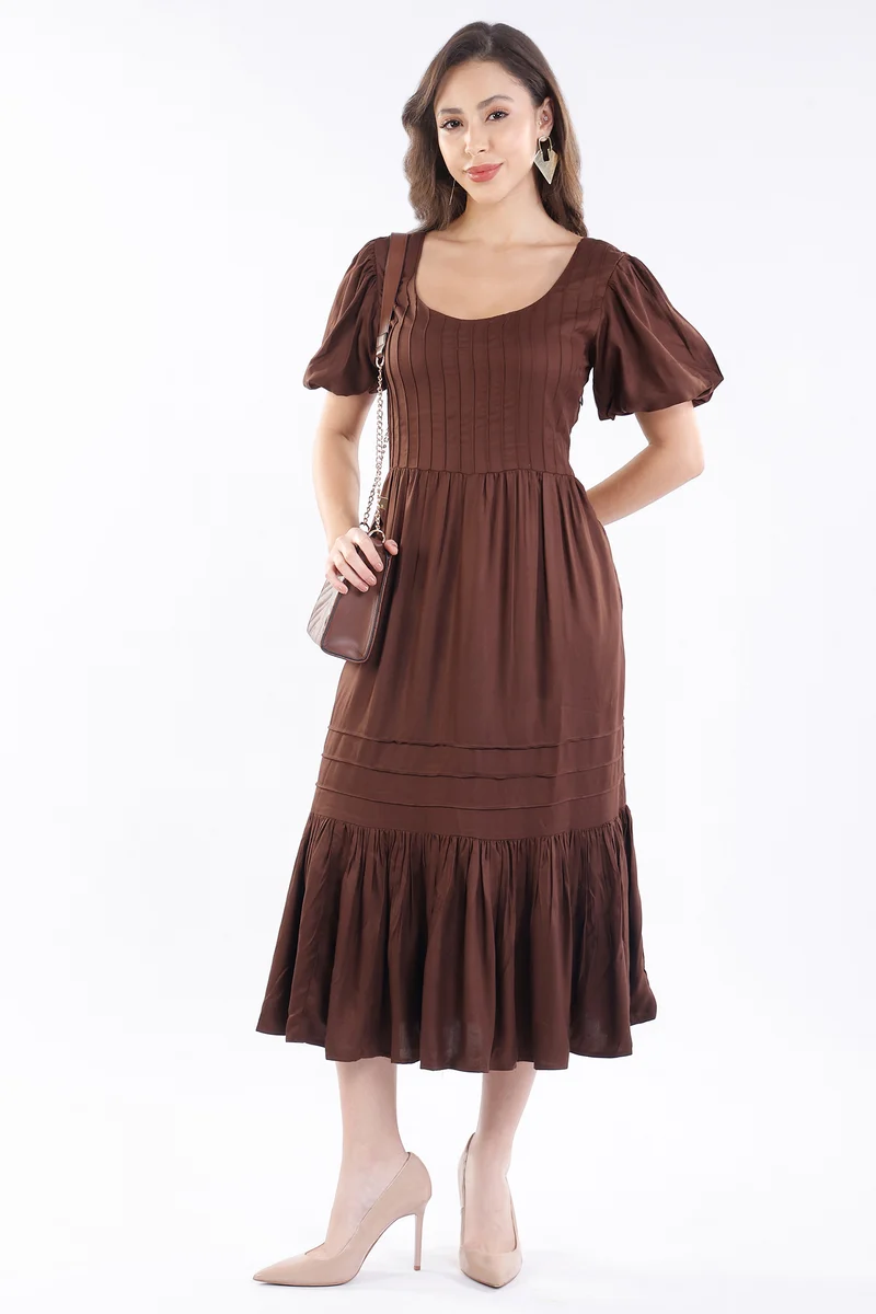 Shiori|100% Viscose Pintuck Midi Length Dress