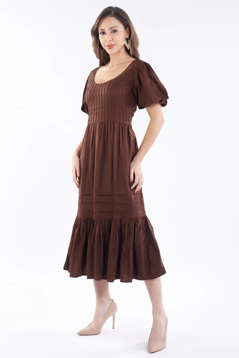 Shiori|100% Viscose Pintuck Midi Length Dress