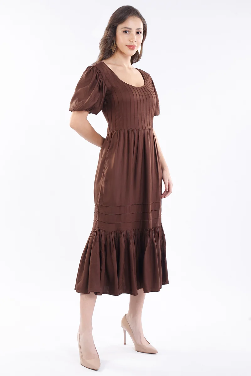 Shiori|100% Viscose Pintuck Midi Length Dress