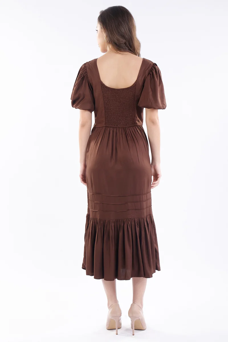 Shiori|100% Viscose Pintuck Midi Length Dress
