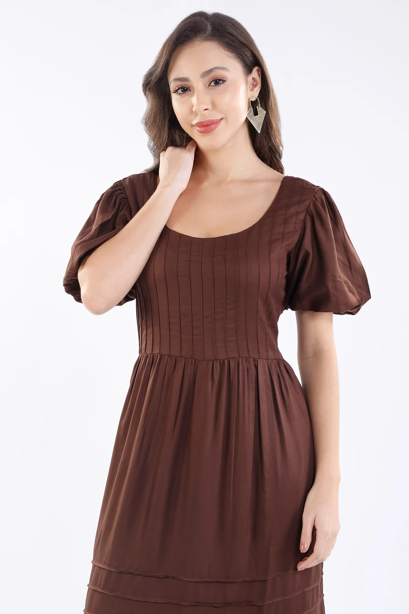 Shiori|100% Viscose Pintuck Midi Length Dress