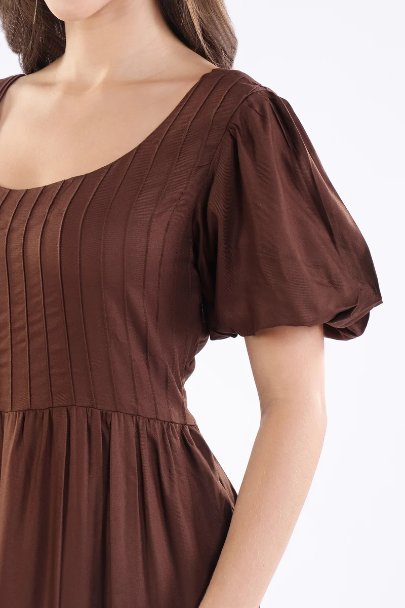 Shiori|100% Viscose Pintuck Midi Length Dress