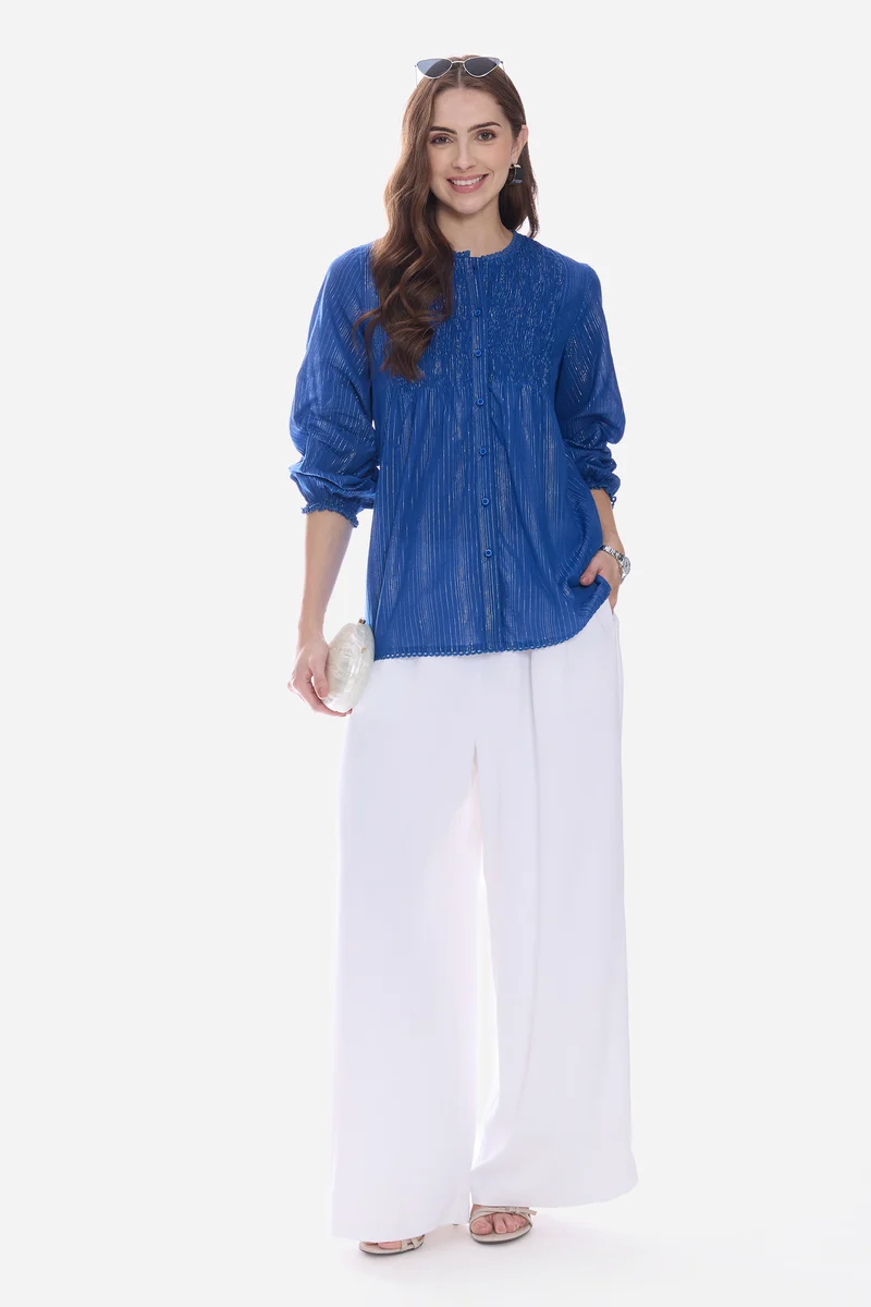 Elvel|100% Cotton Smocked Shirt With Lace