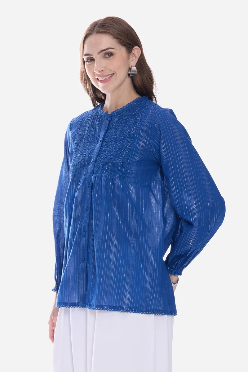 Elvel|100% Cotton Smocked Shirt With Lace