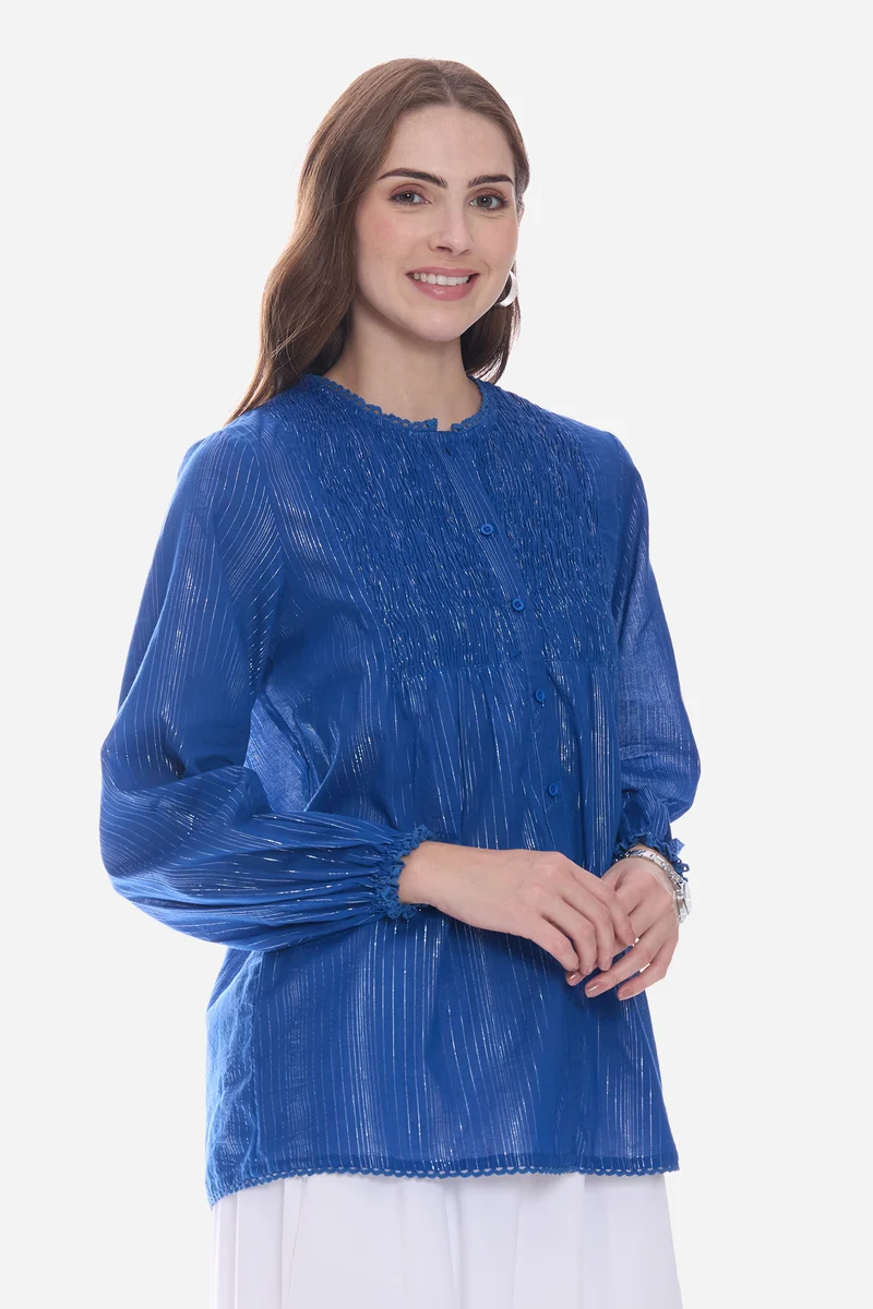 Elvel|100% Cotton Smocked Shirt With Lace