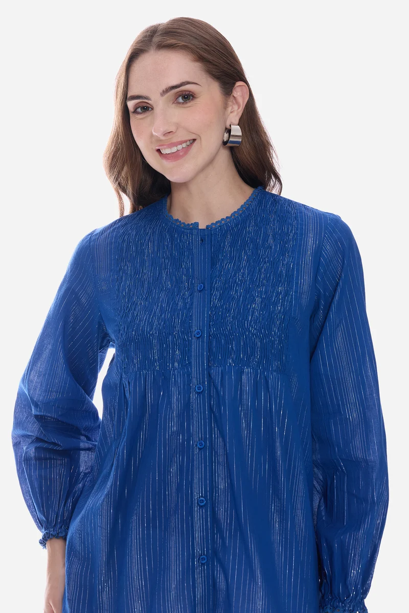 Elvel|100% Cotton Smocked Shirt With Lace