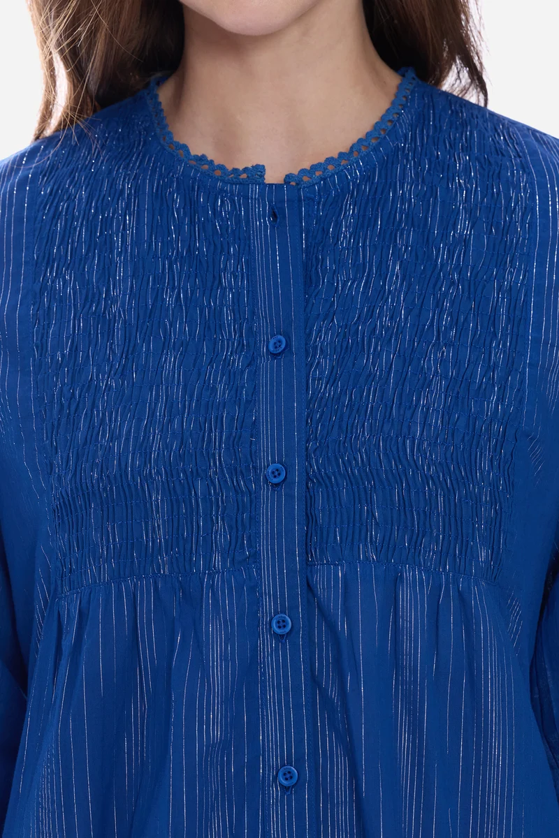 Elvel|100% Cotton Smocked Shirt With Lace
