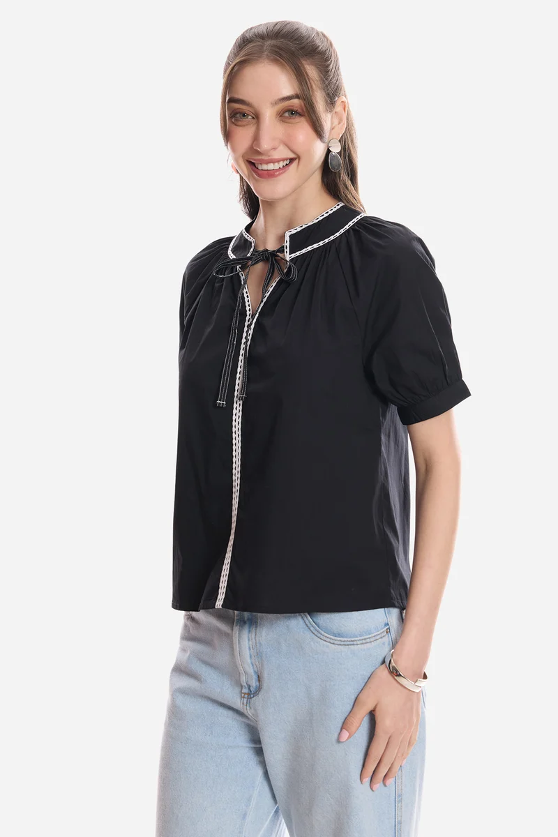 Elvie|100% Cotton Puff Sleeve Tunic With Lace