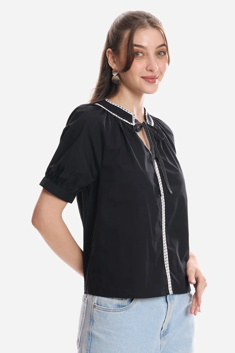 Elvie|100% Cotton Puff Sleeve Tunic With Lace