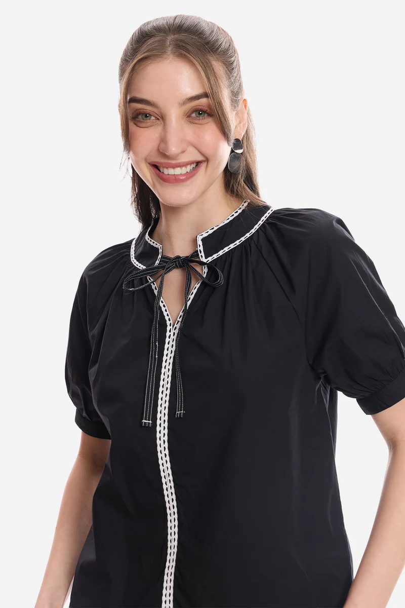 Elvie|100% Cotton Puff Sleeve Tunic With Lace