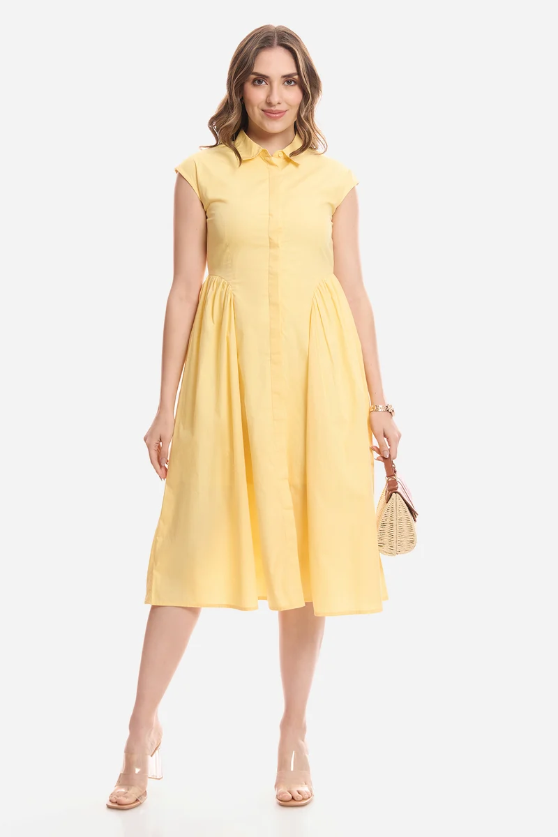 Eltie|100% Cotton Gathered Shirt Midi Dress
