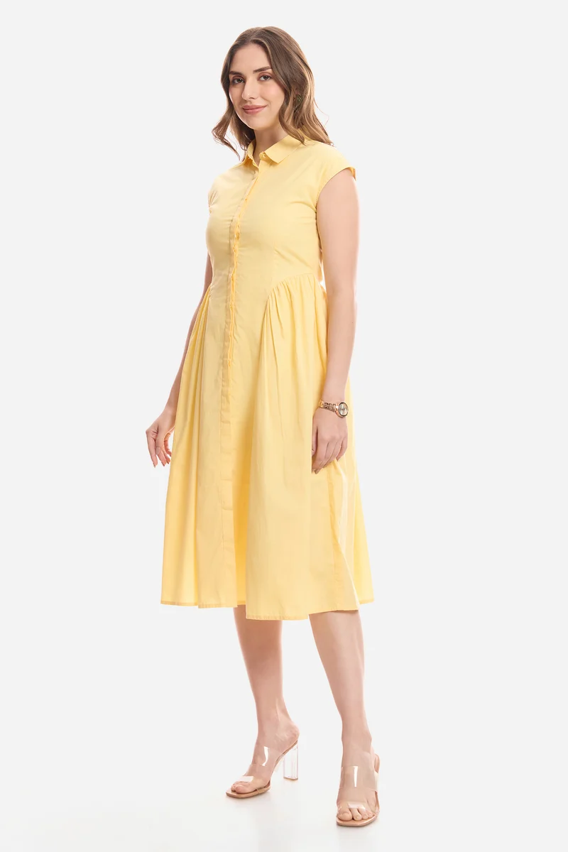 Eltie|100% Cotton Gathered Shirt Midi Dress