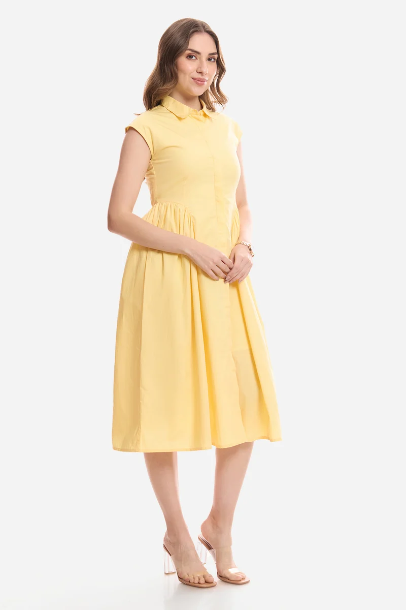 Eltie|100% Cotton Gathered Shirt Midi Dress