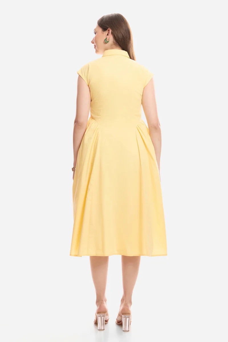 Eltie|100% Cotton Gathered Shirt Midi Dress