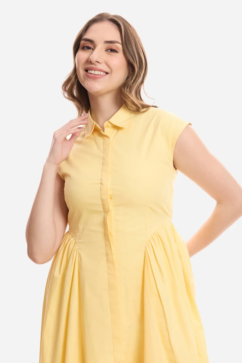 Eltie|100% Cotton Gathered Shirt Midi Dress