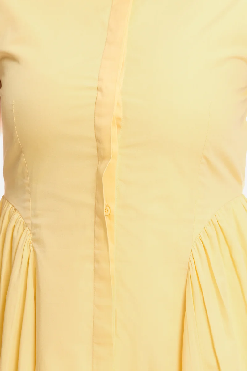 Eltie|100% Cotton Gathered Shirt Midi Dress