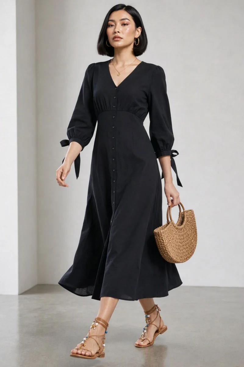 Oltia|100% Cotton V-Neck Bow Tie Maxi Dress