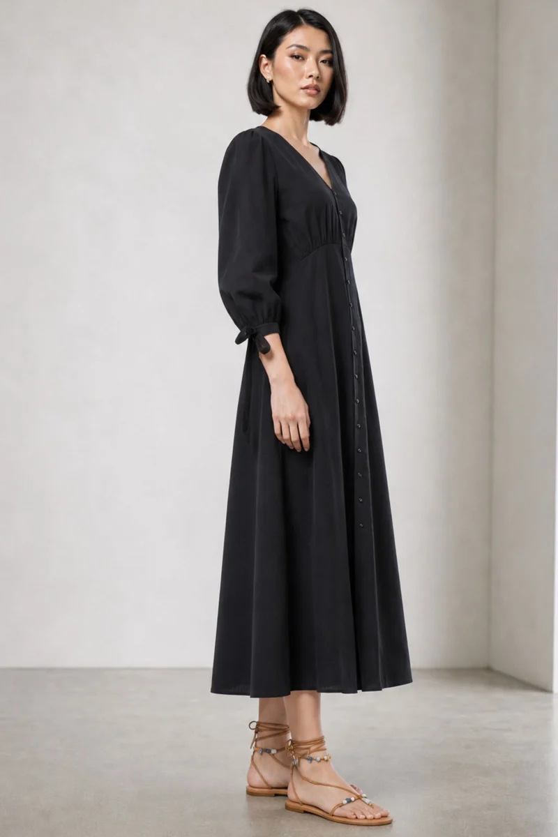 Oltia|100% Cotton V-Neck Bow Tie Maxi Dress