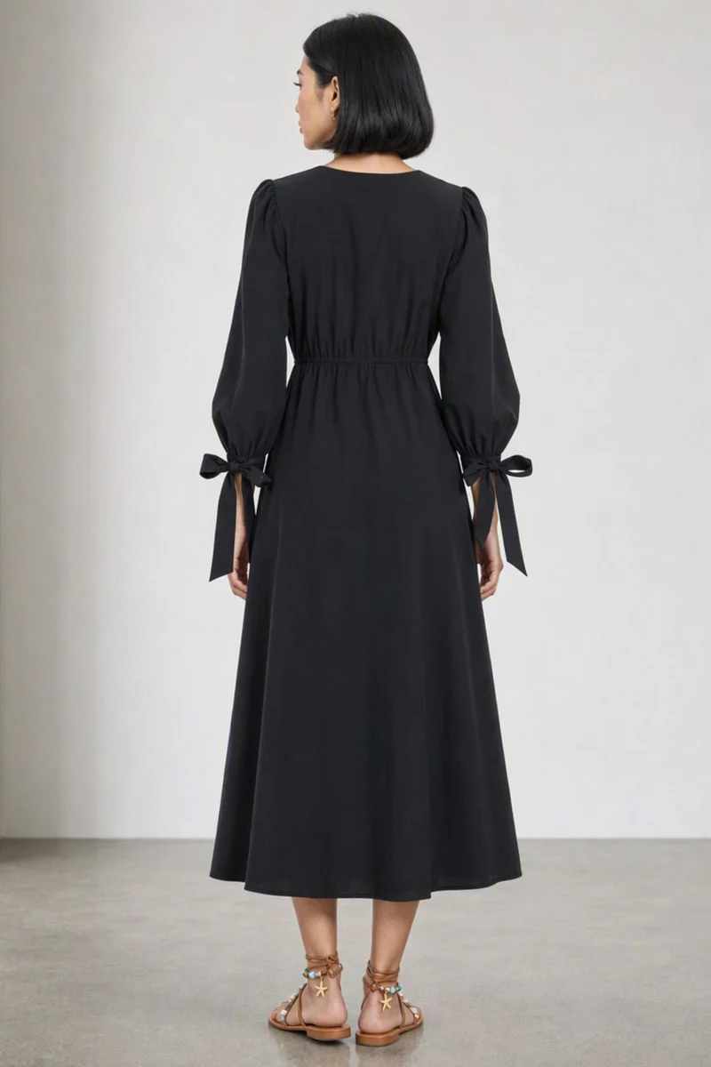 Oltia|100% Cotton V-Neck Bow Tie Maxi Dress