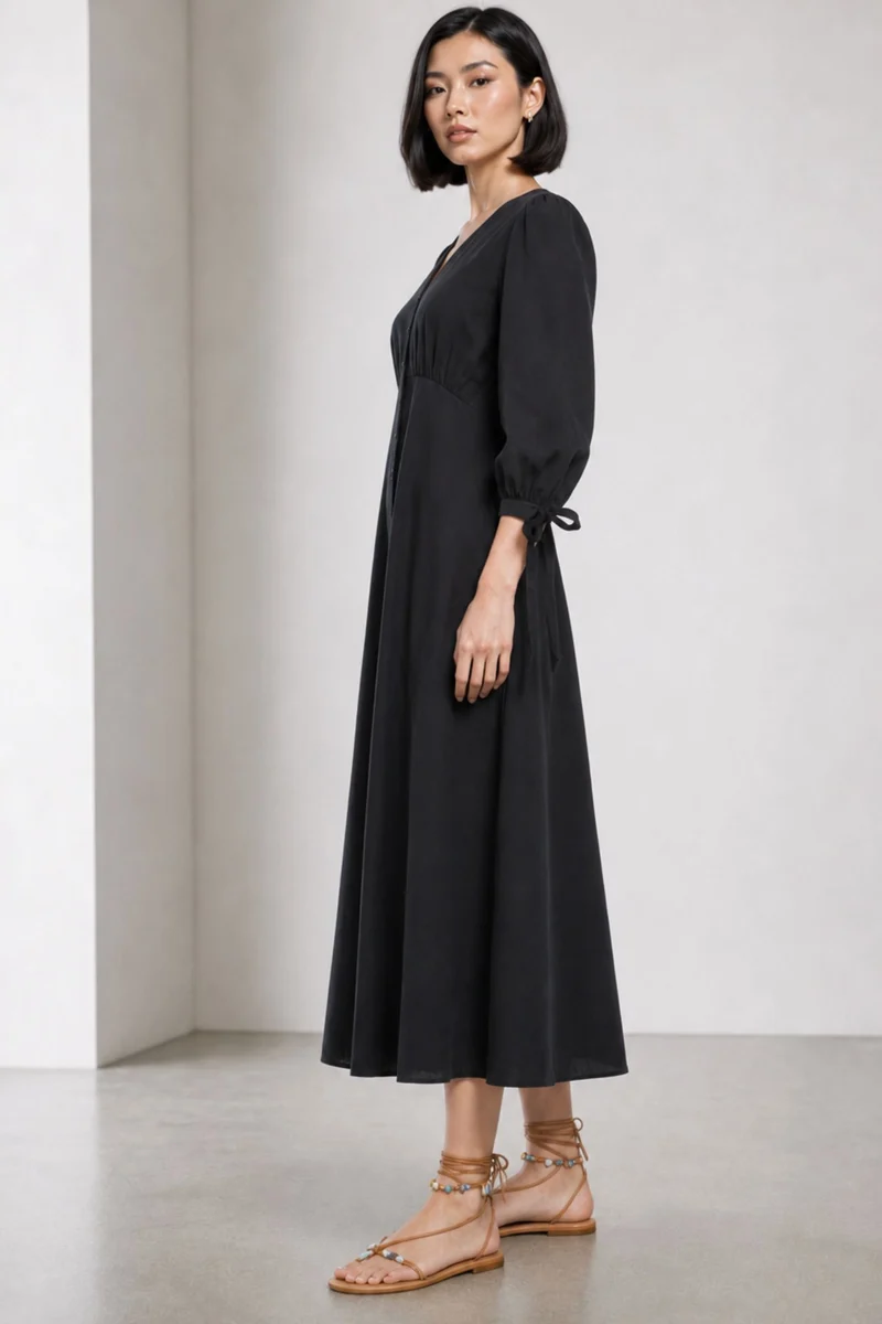 Oltia|100% Cotton V-Neck Bow Tie Maxi Dress