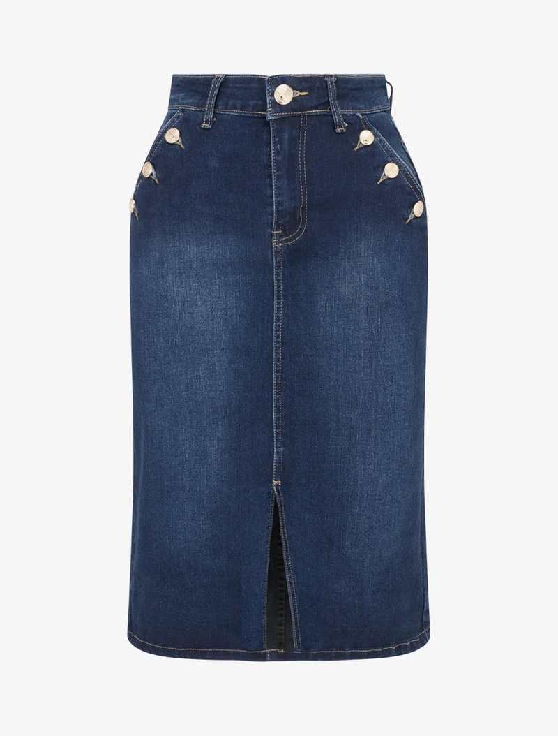 Jupe mi-longue en jean poches boutonnées - Bleu