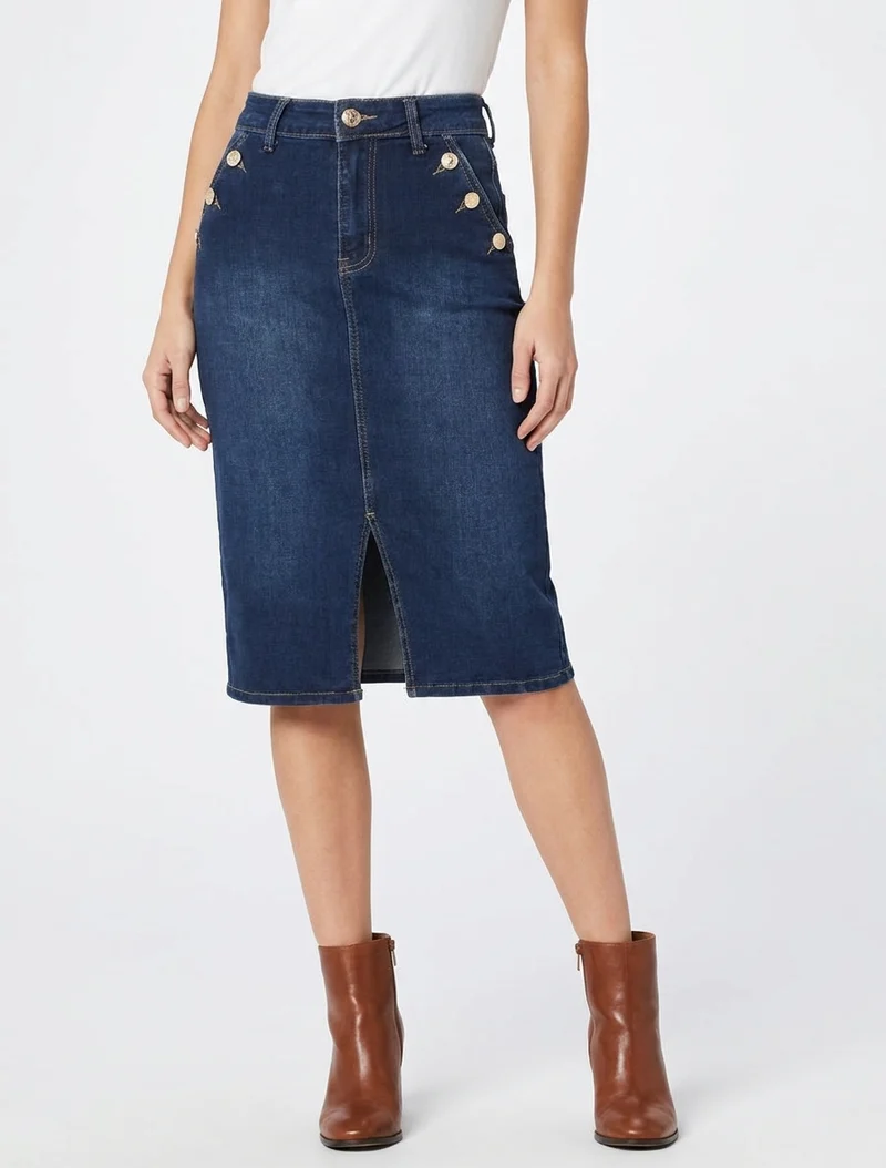 Jupe mi-longue en jean poches boutonnées - Bleu