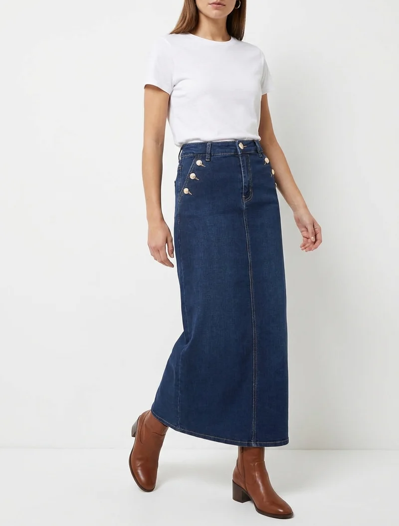 Jupe longue en jean poches boutonnées - Bleu