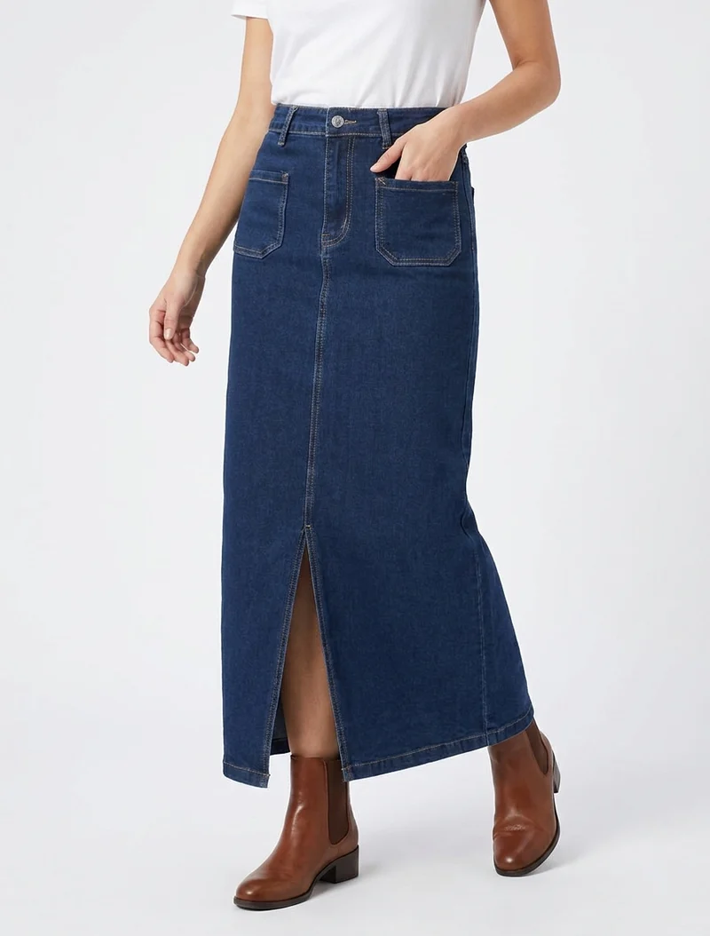 Jupe longue coupe droite en jean à 4 poches - Bleu