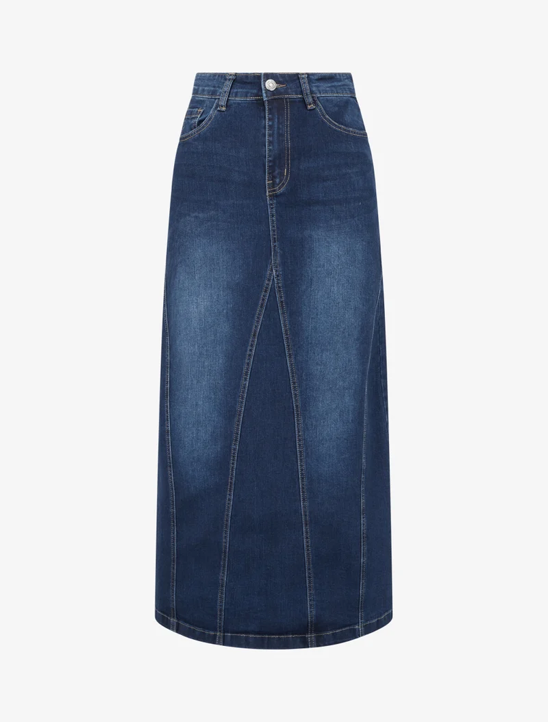 Jupe longue coupe droite en jean à coutures apparentes - Bleu