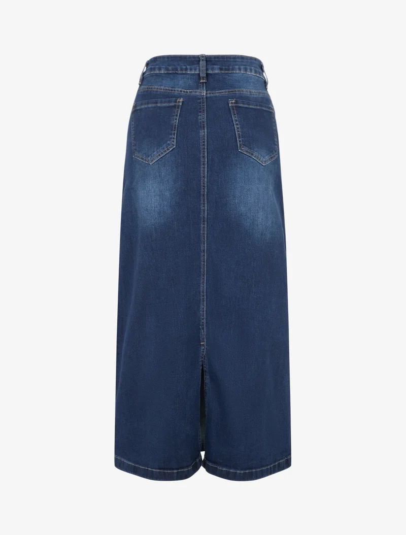 Jupe longue coupe droite en jean à coutures apparentes - Bleu