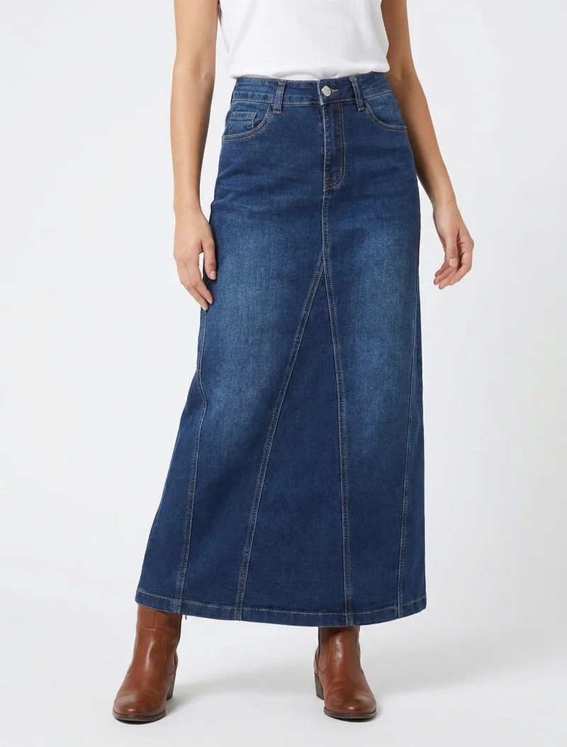 Jupe longue coupe droite en jean à coutures apparentes - Bleu