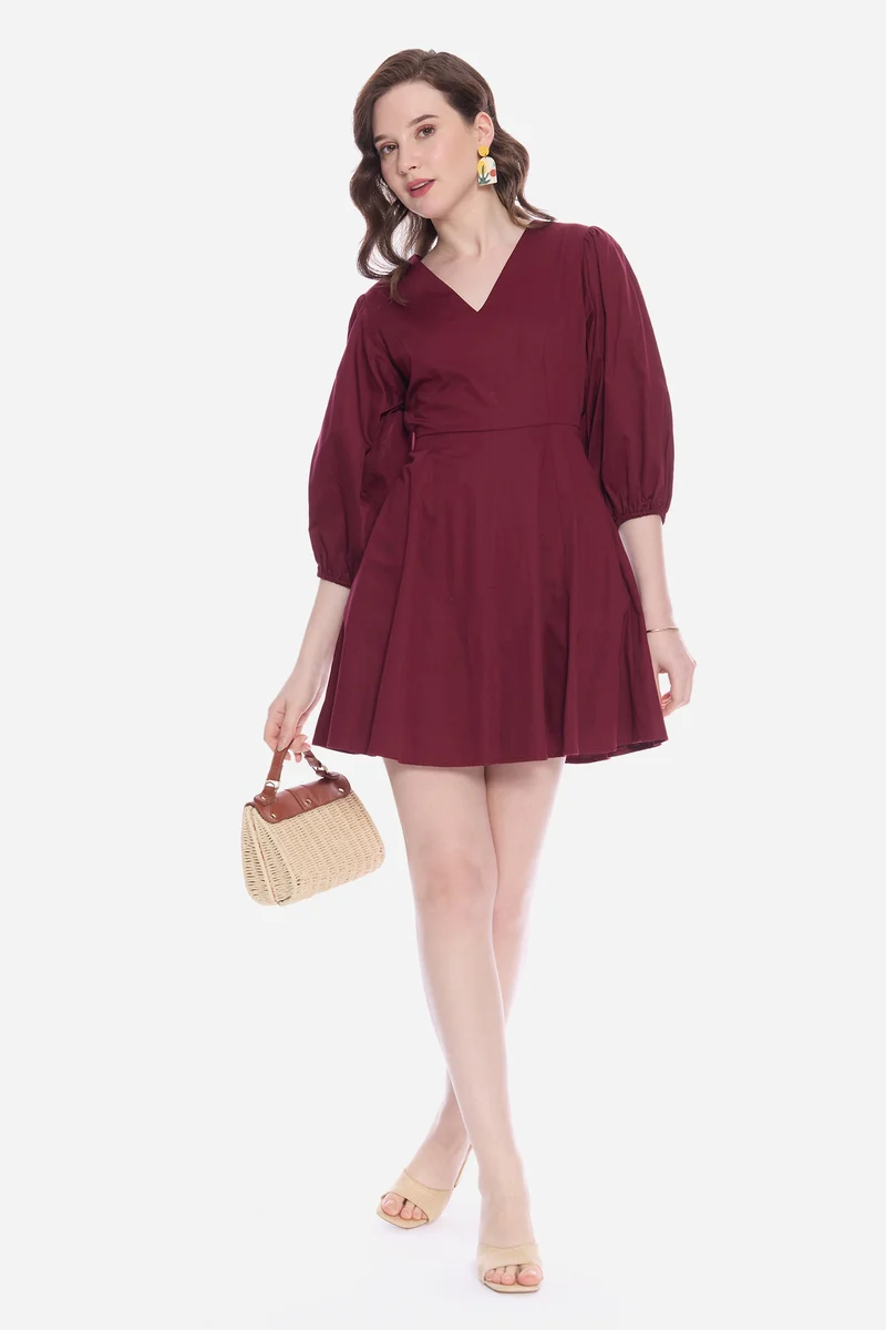 Naana|100% Cotton V-Neckline Mini Dress