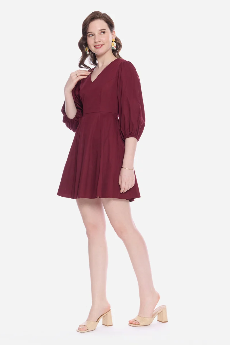 Naana|100% Cotton V-Neckline Mini Dress