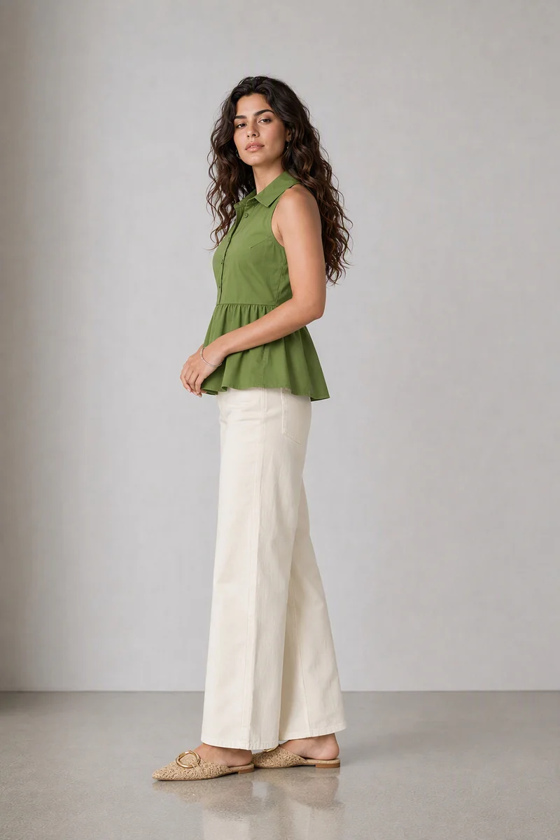 Nasna|100% Cotton Collared Halter Neck Peplum Top