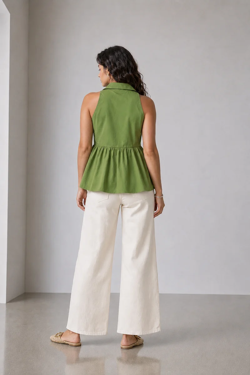 Nasna|100% Cotton Collared Halter Neck Peplum Top