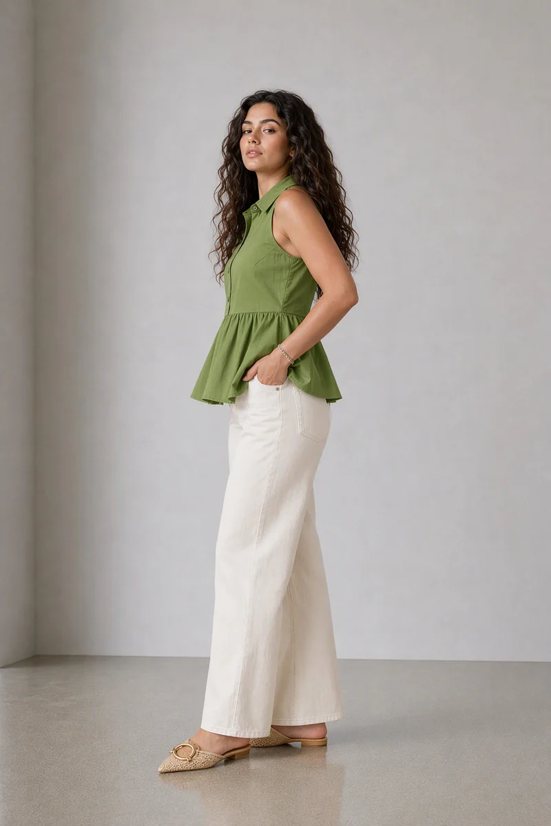 Nasna|100% Cotton Collared Halter Neck Peplum Top