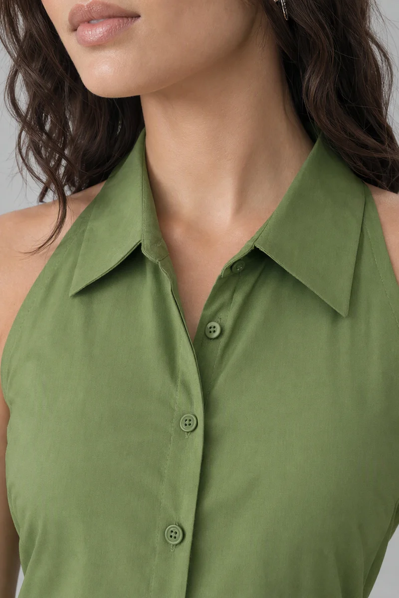Nasna|100% Cotton Collared Halter Neck Peplum Top