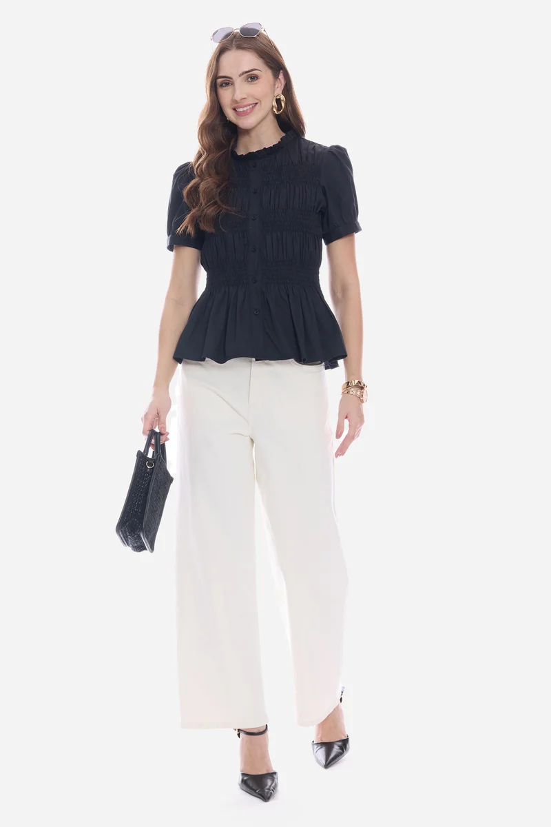 Narie|100% Cotton Smocked Fitted Peplum Top